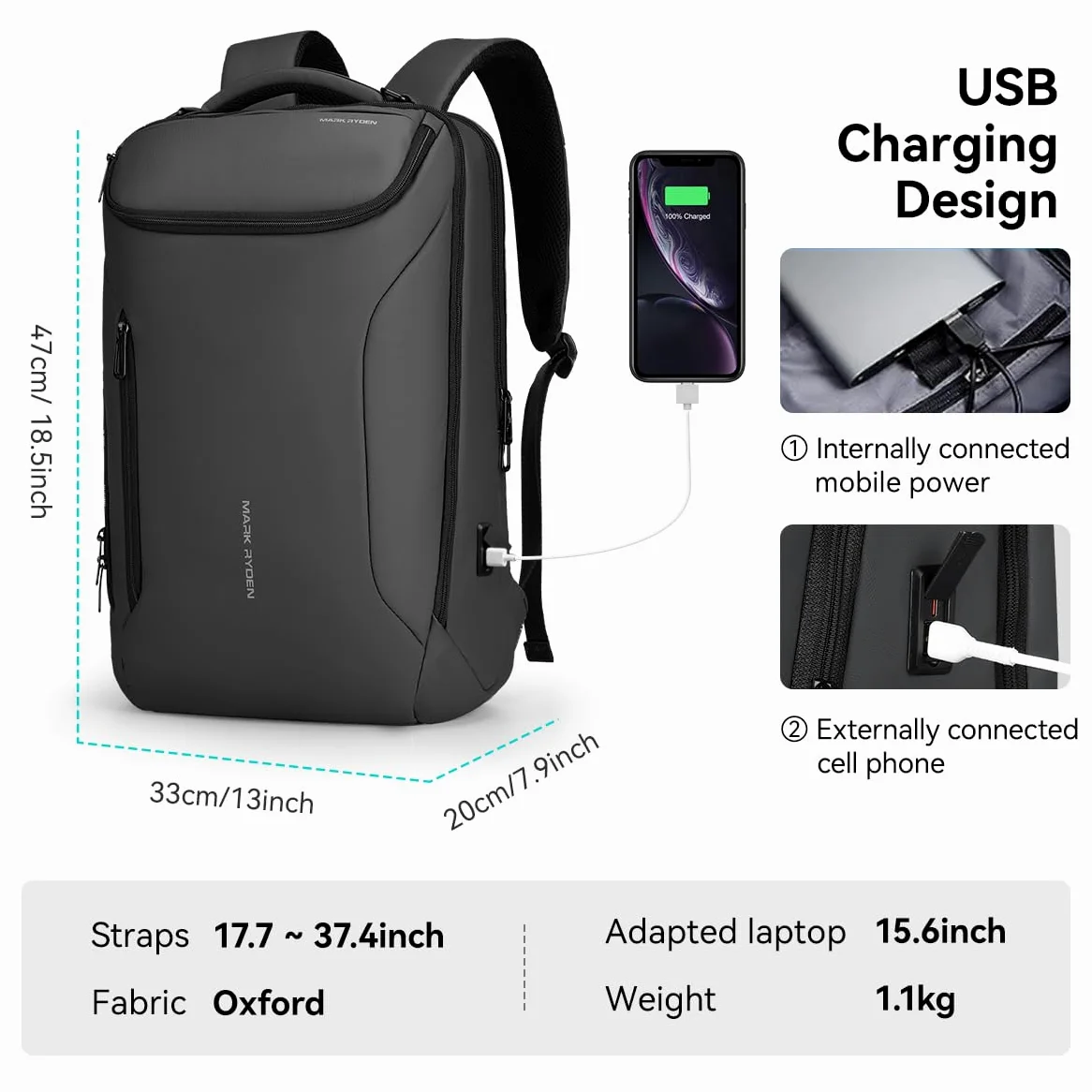 MARK RYDEN Zaino portatile di grande capacità con USB 17.3 pollici/15.6 pollici per gli uomini zaino multifunzione antifurto zaino giorno per business