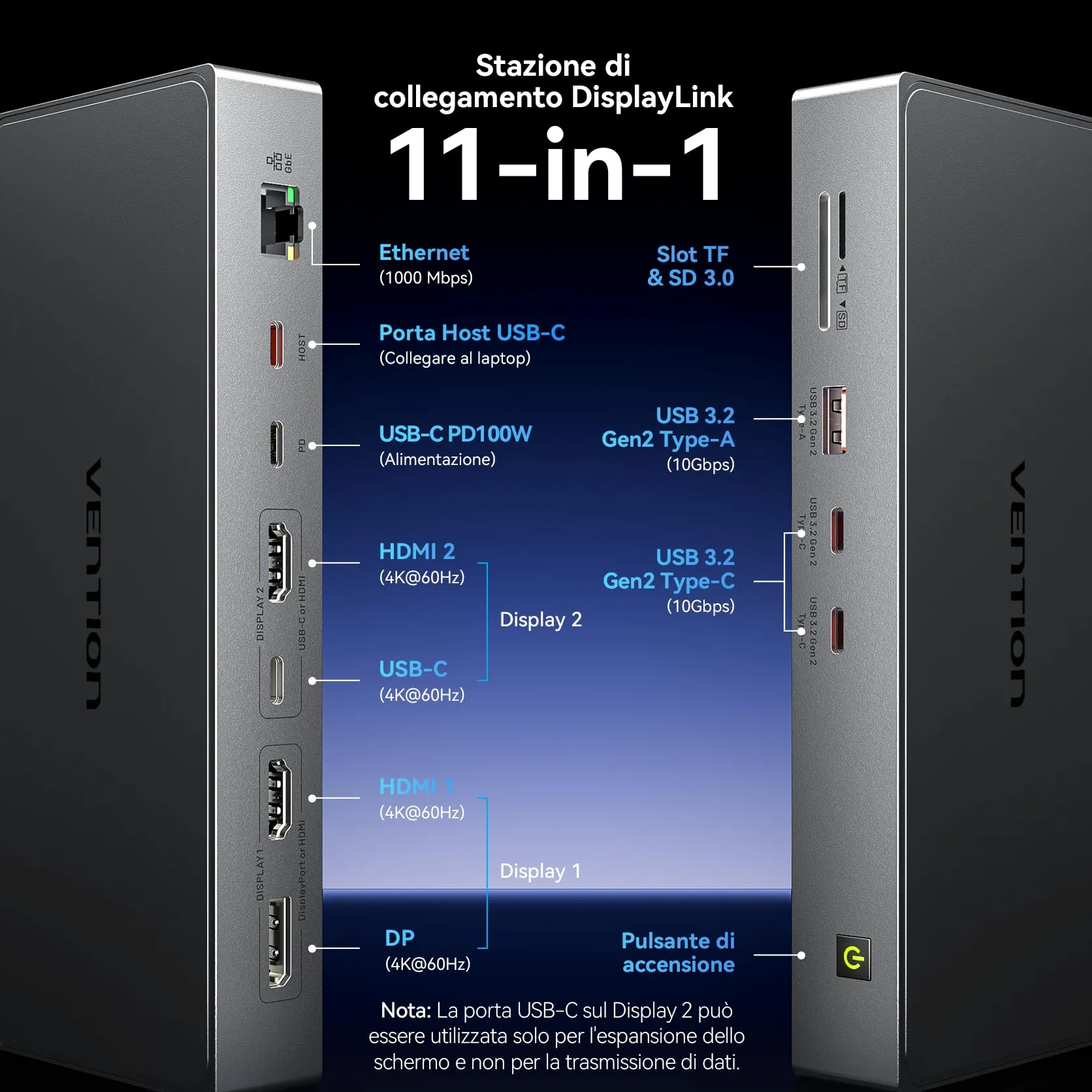 VENTION Docking Station DisplayLink per MacBook M1/M2/M3/M4, Docking Station USB C 11 in 1 con Doppio Monitor 4K@60Hz,Stazione per portatile con USB A/C 10Gbps,HDMI,DP,PD 100W,SD/TF