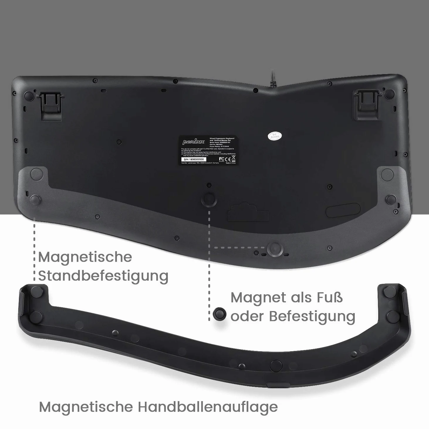 Perixx Periduo-505 - Tastiera ergonomica con mouse verticale, tastiera divisa, rotella di scorrimento a 4 vie, poggiapolsi personalizzabile, tasti piatti, con cavo USB, QWERTZ