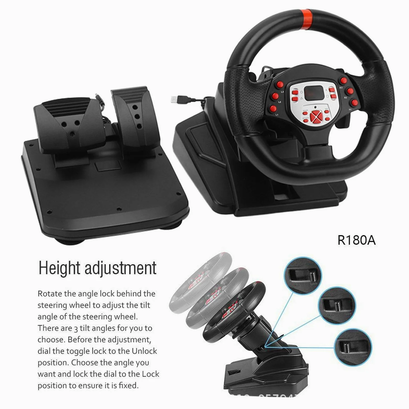 Volante da Corsa, Volante con Vibrazione da Gioco Volante per PC con Pedale Al Volante da 180 Gradi Simulatore di Corse di Volante da Corsa 5 in 1 per PC