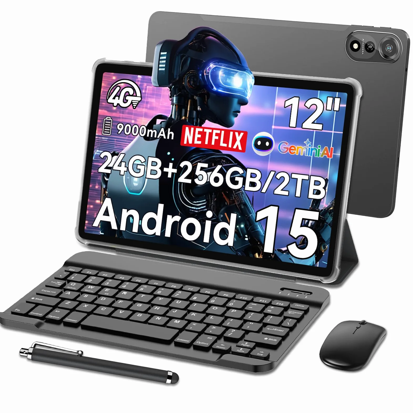 Blackview Mega2 Tablet 12 Pollice Android 15 Tablet con Tastiera, 24GB RAM 256GB ROM con SIM 4G, 2K FHD+, Gemini AI, 9000mAh, Doppia fotocamera, Widevine L1, GPS, Face ID, Mouse, Custodia, Penna