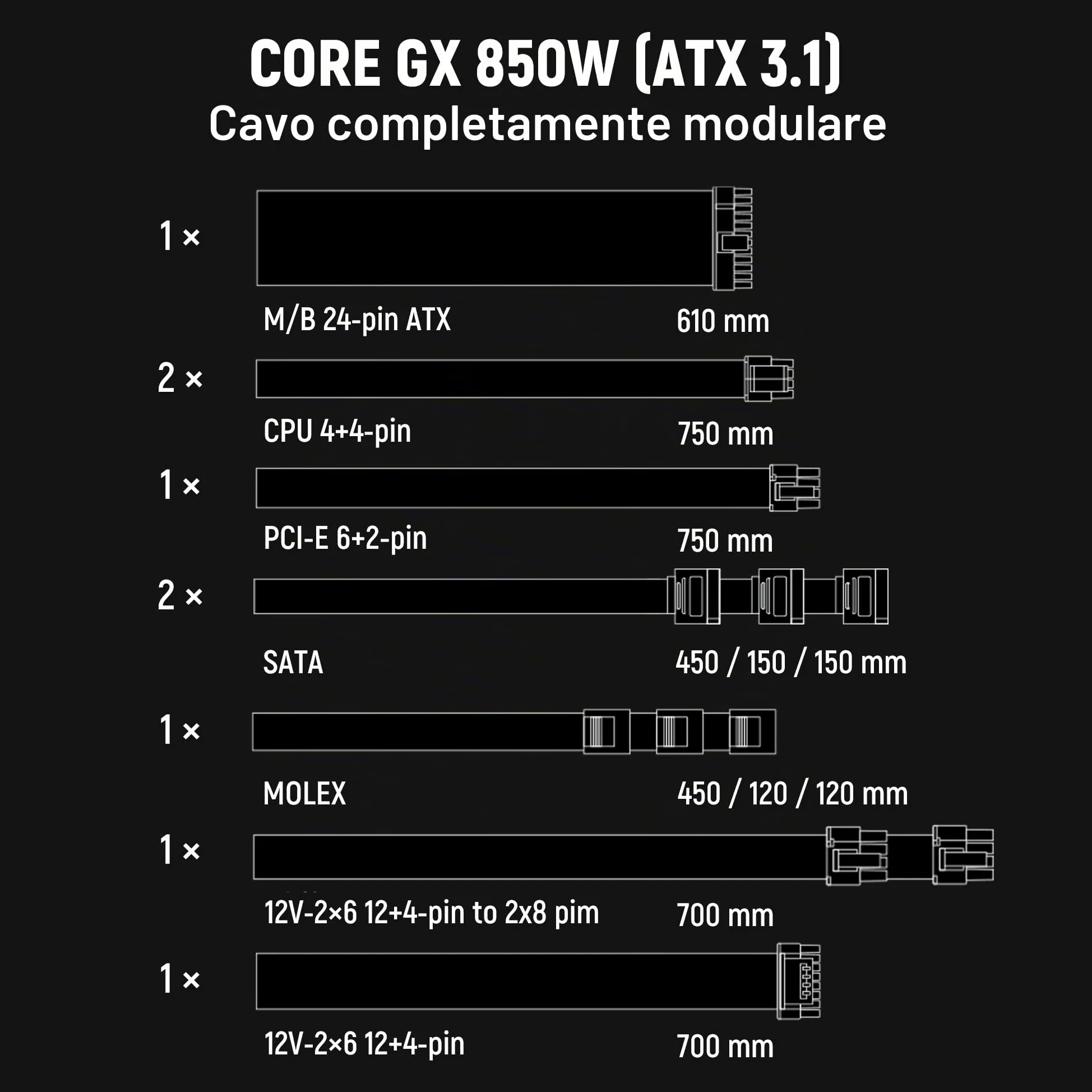 Seasonic CORE V2 GX-850 (ATX3) - 850W - 80+ Gold - ATX 3.0 e PCIe 5.1 Ready - Full-Modulare - Fattore di forma ATX - Condensatore premium - 7 anni di garanzia - Compatibile con Nvidia RTX 30/40 Super