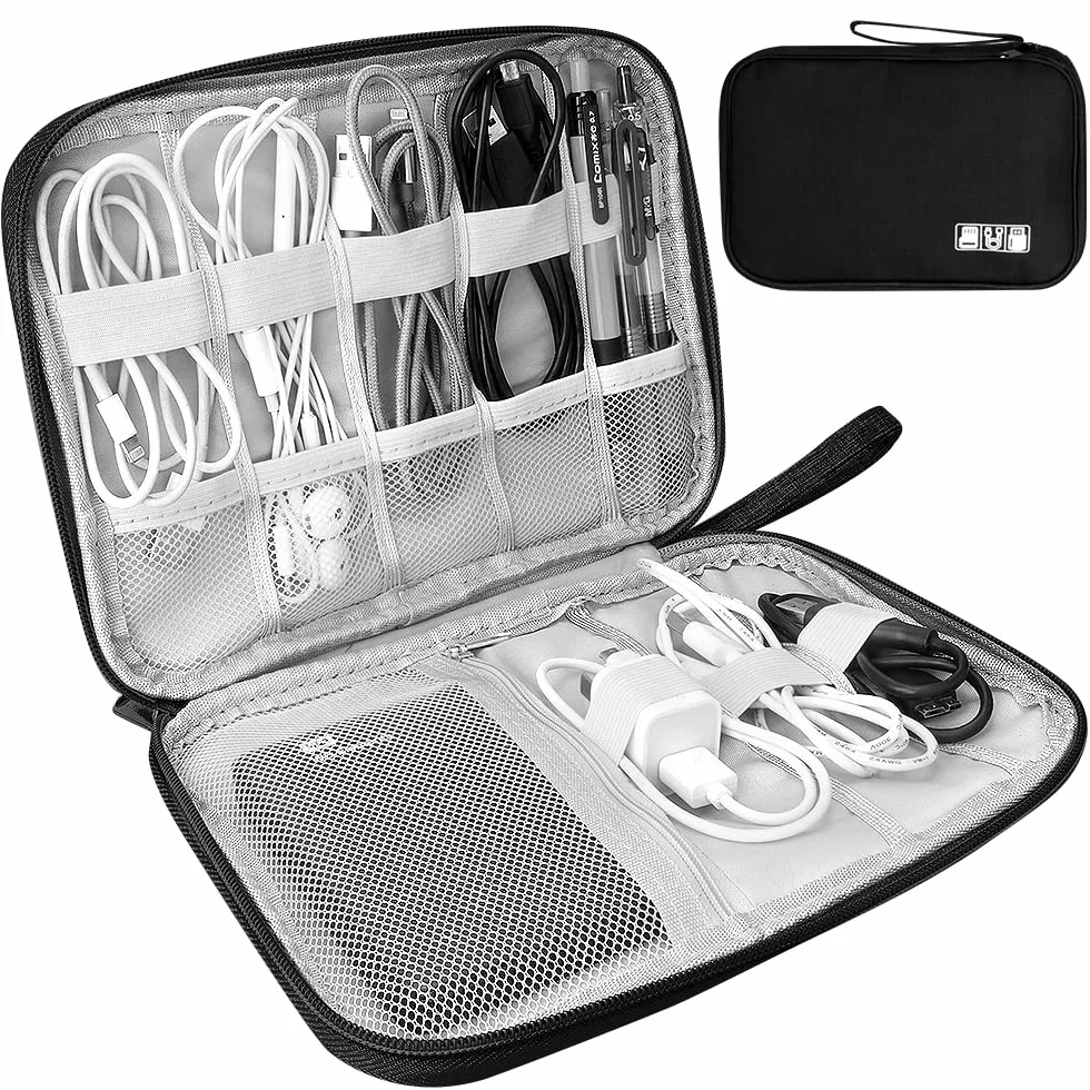 HCFGS Organizer Cavi, Borsa da Viaggio Custodia Cavi Resistente All'acqua Borsa da Piccoli con Braccialetto Pochette Antiurto per Cavi USB, Schede SD, Caricabatterie, Hard Disk (Nero)