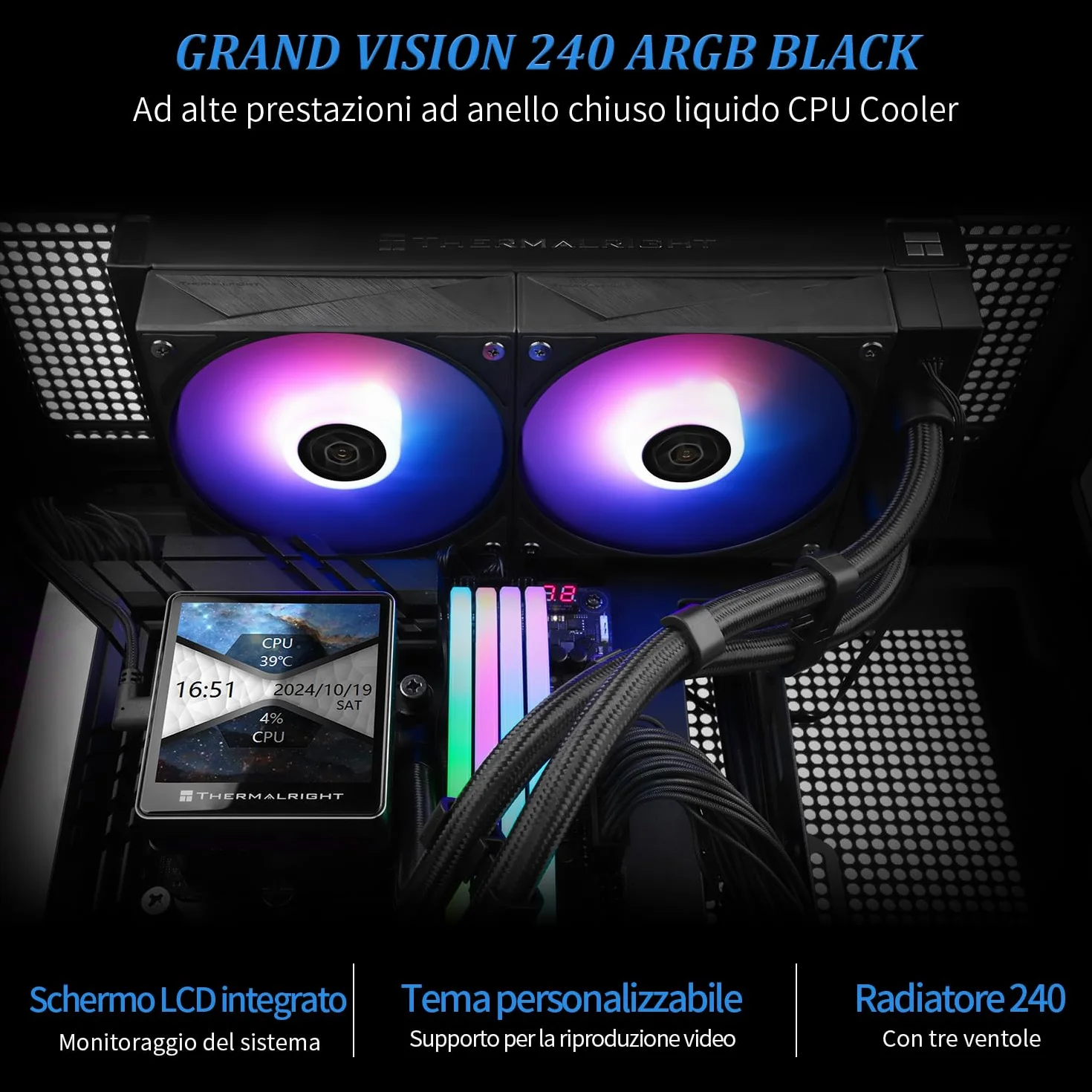 TR Grand Vision 240 ARGB Nero AIO CPU Liquid Cooler, Schermo LCD IPS con Risoluzione 480x480, per AM5/LGA1851/1700, Schermo LCD Magnetico da 3,4 Pollici per Immagini - Nero