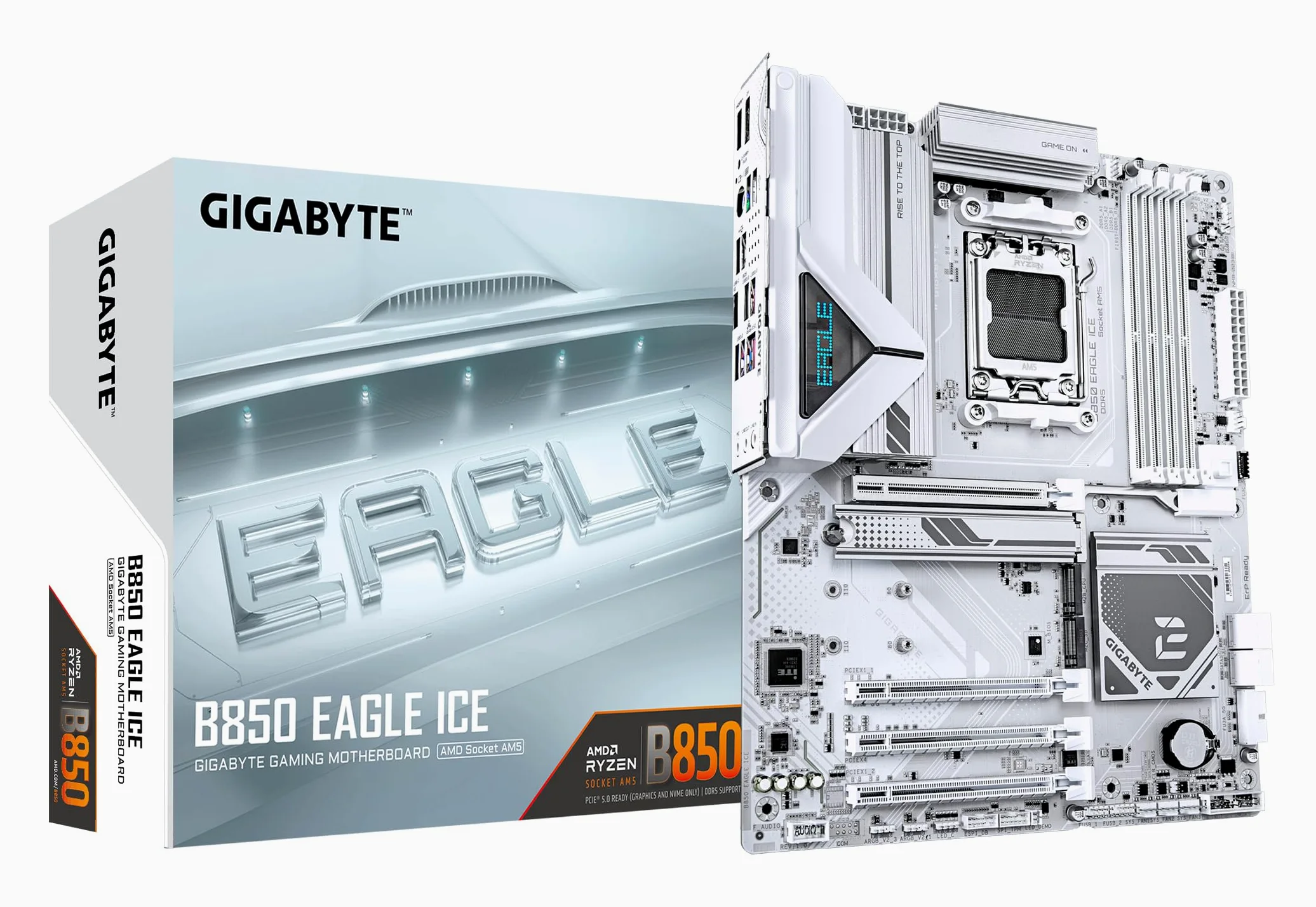 GIGABYTE B850 EAGLE ICE Scheda Madre – CPU AMD Ryzen serie 9000, VRM digitale a 8+2+2 fasi, fino a 8200 MHz DDR5 (O.C), 1 x M.2 PCIe 5.0 + 2 x M.2 PCIe 4.0, LAN 2.5 GbE, USB 3.2 Gen 2