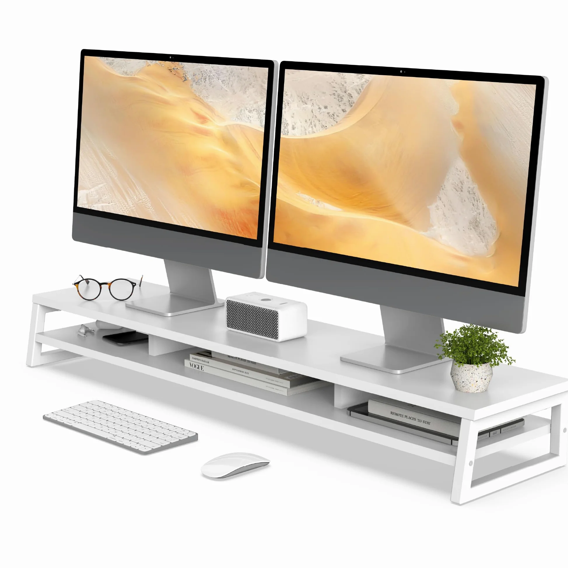 Fenge Supporto per Monitor per Computer in Legno con Struttura in Metallo, Rialzo per Monitor da Scrivania a 2 Livelli, Supporto Ergonomico per Laptop, PC, Computer, L108 x W25,5 x H13,7cm, Bianco
