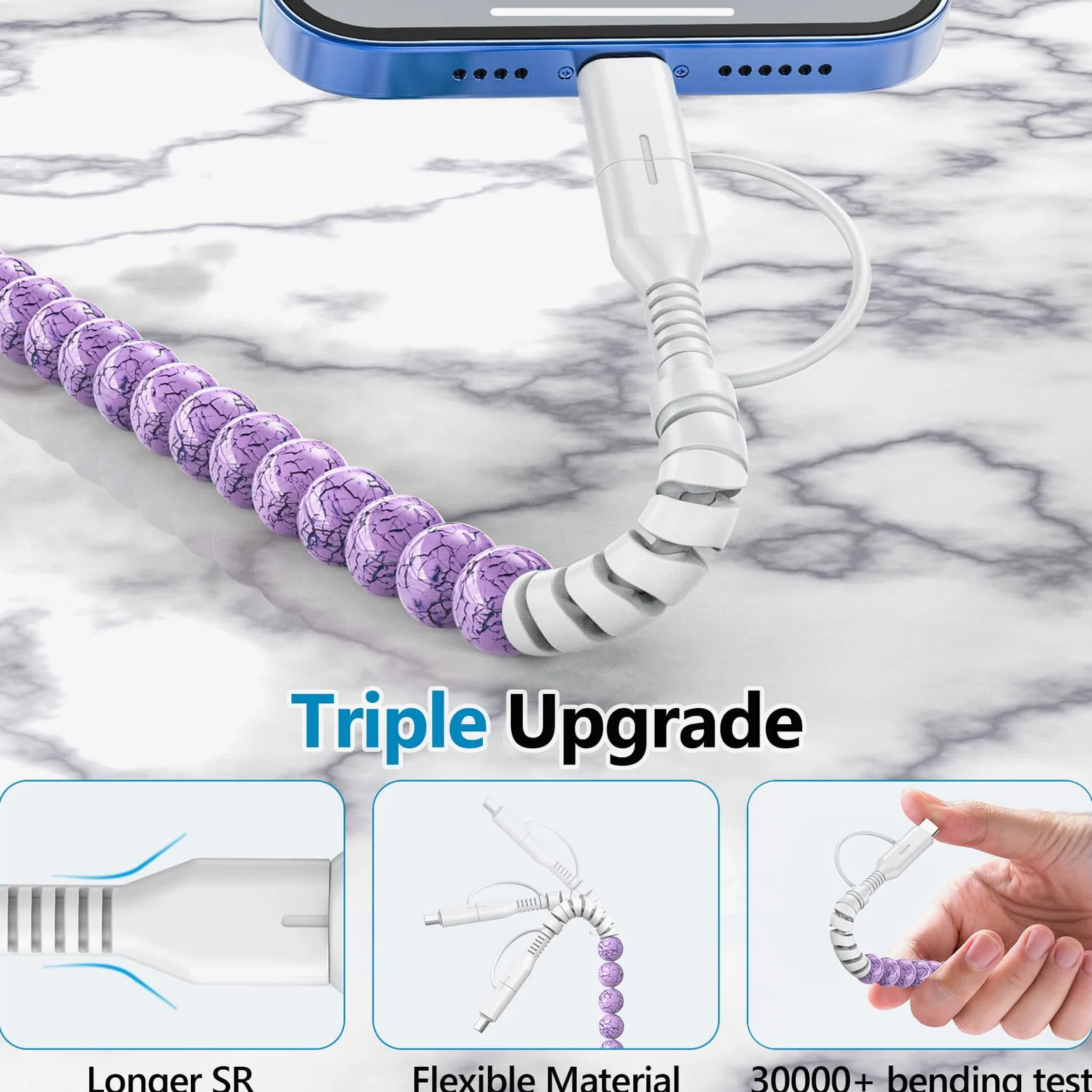HianDier Cavo USB C [certificato MFI] Multi 4 in 1 per iPhone cavo di ricarica rapida 0,9 m durevole turchese perline USB A tipo C iOS cavo di ricarica per iPhone 16 15 14 13 Pro Max iPad Galaxy S25