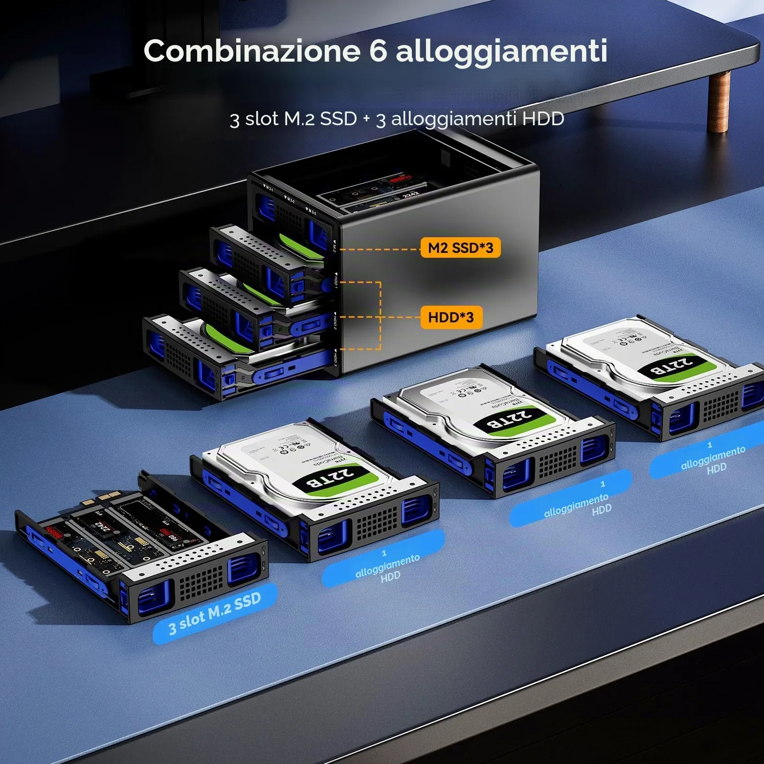 CENMATE Alloggiamento per disco rigido ibrido 3*3.5 HDD+3*M.2 NVMe con ventola per 2.5/3.5" SATA HDD/SSD e M Key/B+M Key 2230/42/60/80/110 M.2 SSD, cavo USB A/C 3.2